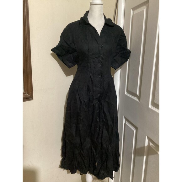 Madewell Dress Womens PXXS Black Linen Button Front Midi Collared Pockets NWT - Picture 1 of 8